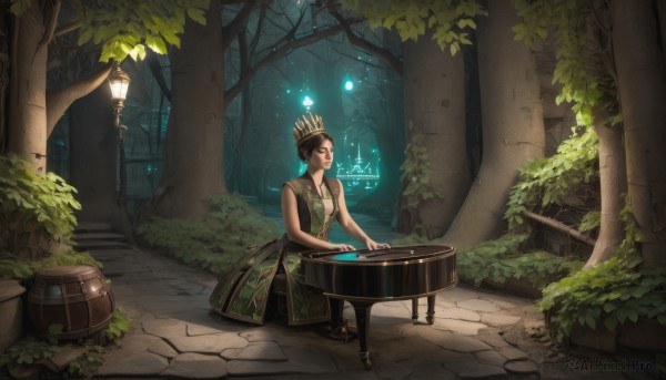 1girl,solo,short hair,brown hair,black hair,dress,bare shoulders,jewelry,sitting,closed eyes,earrings,sleeveless,tree,night,glowing,table,crown,plant,instrument,nature,scenery,forest,lantern,fantasy,music,hair bun,leaf,watermark,bug,butterfly,web address,playing instrument,piano