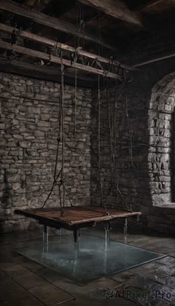 indoors,water,no humans,window,table,scenery,wooden floor,stairs,ruins,wood,weapon,sword,wall,brick wall,stone wall,brick floor