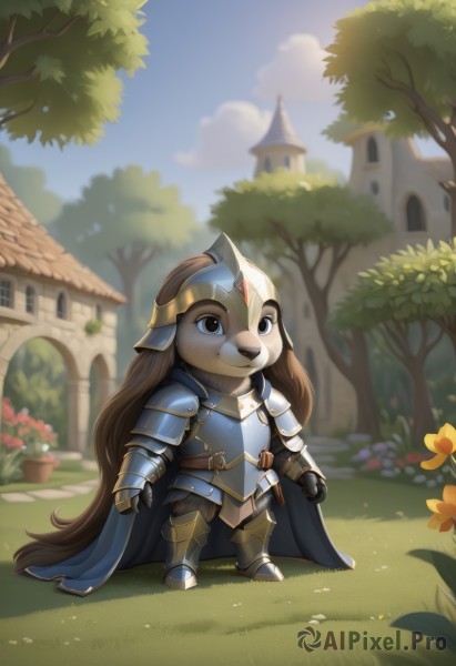 solo,long hair,looking at viewer,smile,brown hair,1boy,animal ears,brown eyes,very long hair,closed mouth,standing,full body,flower,male focus,boots,outdoors,sky,day,belt,artist name,cloud,signature,cape,armor,blurry,black eyes,tree,blue sky,blurry background,happy,helmet,grass,shoulder armor,gauntlets,building,gem,furry,pauldrons,breastplate,yellow flower,furry female,armored boots,bush,furry male,body fur,greaves,house,forehead jewel,faulds,blue cape,animal nose,castle,knight,full armor,two-tone fur,orange flower,plate armor,1girl,blue eyes,chibi,plant,freckles,arms at sides,potted plant,visor (armor)