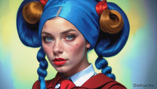 1girl,solo,long hair,looking at viewer,bangs,blue eyes,shirt,ribbon,jewelry,closed mouth,blue hair,jacket,braid,multicolored hair,earrings,hair bun,twin braids,lips,eyelashes,double bun,makeup,lipstick,portrait,red jacket,hair rings,freckles,realistic,nose,red lips,stud earrings,white shirt,mole,mole under eye