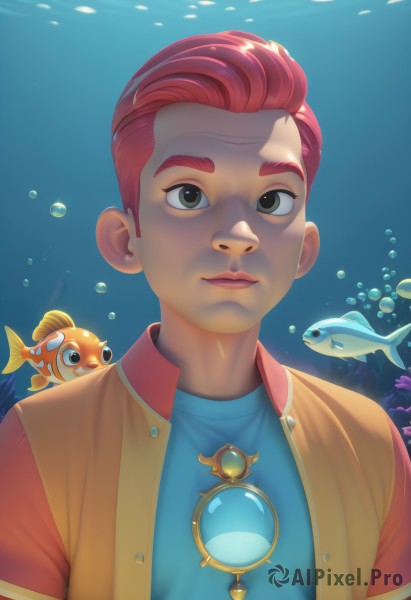 solo,looking at viewer,short hair,shirt,1boy,brown eyes,closed mouth,green eyes,jacket,upper body,short sleeves,male focus,red hair,open clothes,artist name,black eyes,vest,lips,animal,blue shirt,fish,bubble,underwater,nose,air bubble,orange vest,clownfish,1girl,jewelry,pink hair,thick eyebrows,coral,aquarium