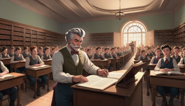 short hair,brown hair,shirt,black hair,long sleeves,bow,holding,sitting,closed eyes,white shirt,white hair,grey hair,male focus,multicolored hair,boots,multiple boys,glasses,collared shirt,pants,indoors,bowtie,vest,red bow,two-tone hair,book,window,facial hair,chair,brown footwear,black pants,table,thick eyebrows,red bowtie,beard,desk,6+boys,paper,open book,mustache,blue pants,bookshelf,pen,blue vest,pencil,old,old man,writing,smile,multiple girls,necktie,day,6+girls,sunlight,red necktie,reading,library,quill