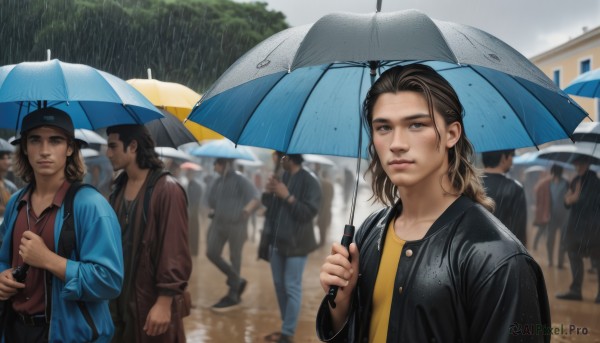 long hair,looking at viewer,blue eyes,multiple girls,brown hair,shirt,hat,holding,2girls,closed mouth,jacket,outdoors,multiple boys,open clothes,pants,medium hair,bag,blurry,open jacket,lips,black jacket,black headwear,blurry background,umbrella,denim,red shirt,baseball cap,walking,rain,6+boys,yellow shirt,jeans,holding umbrella,realistic,crowd,people,1girl,long sleeves,parted lips,solo focus,day,belt,tree,depth of field,blue jacket,blue headwear,blue umbrella