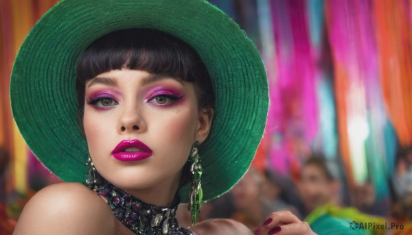 1girl,solo,looking at viewer,short hair,bangs,black hair,hat,bare shoulders,jewelry,green eyes,earrings,parted lips,solo focus,choker,nail polish,mole,blurry,black eyes,lips,grey eyes,mole under eye,makeup,blurry background,lipstick,portrait,red nails,eyeshadow,freckles,realistic,green headwear,eyeliner,mascara,teeth,eyelashes,depth of field