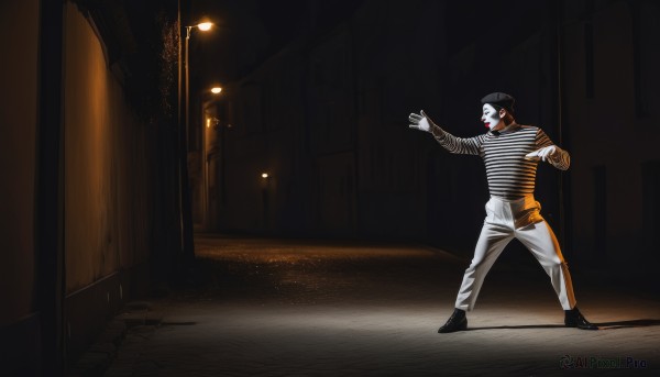 solo,shirt,1boy,hat,male focus,striped,pants,parody,baseball cap,striped shirt,sportswear,white pants,light,baseball uniform,short hair,black hair,long sleeves,closed mouth,standing,full body,white shirt,outdoors,shoes,black footwear,black headwear,mask,night,shadow,red lips,road,facepaint,orange shirt,lamppost,street,backwards hat,clown