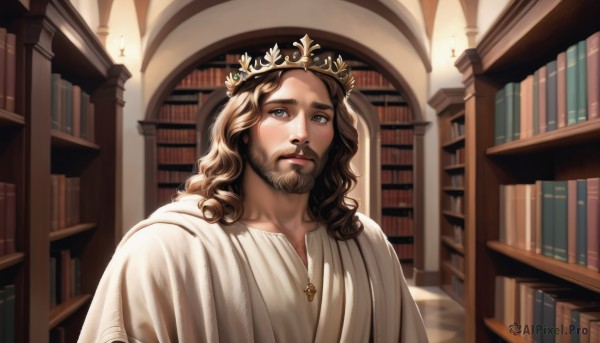 solo,long hair,looking at viewer,brown hair,1boy,brown eyes,upper body,male focus,parted lips,indoors,lips,grey eyes,book,facial hair,crown,beard,curly hair,robe,realistic,bookshelf,head wreath,library,white robe,blue eyes,blonde hair,jewelry,necklace,cross,looking up,animification