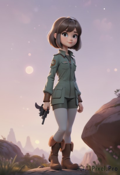 1girl,solo,looking at viewer,smile,short hair,bangs,brown hair,shirt,long sleeves,holding,brown eyes,closed mouth,standing,jacket,full body,weapon,pantyhose,boots,outdoors,sky,shorts,artist name,holding weapon,uniform,lips,gun,military,short shorts,military uniform,brown footwear,black shorts,holding gun,rifle,handgun,backlighting,white pantyhose,green jacket,trigger discipline,pants,bob cut,grass