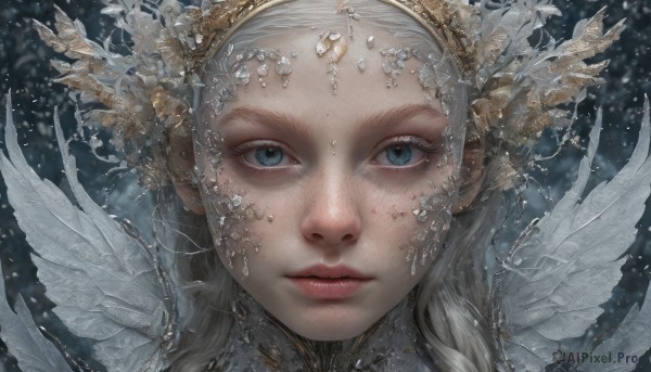 1girl,solo,long hair,looking at viewer,blue eyes,hair ornament,closed mouth,white hair,grey hair,wings,artist name,blurry,lips,eyelashes,feathers,portrait,feathered wings,snow,close-up,freckles,ice,crystal,realistic,nose,white wings,expressionless,crown,gem,straight-on