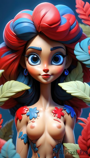 1girl,solo,long hair,breasts,looking at viewer,blush,smile,blue eyes,black hair,navel,jewelry,medium breasts,closed mouth,nipples,blue hair,collarbone,upper body,flower,nude,red hair,multicolored hair,earrings,small breasts,artist name,two-tone hair,lips,eyelashes,makeup,leaf,blue background,thick eyebrows,feathers,plant,lipstick,eyeshadow,freckles,arms at sides,red lips,mascara,topless,curly hair