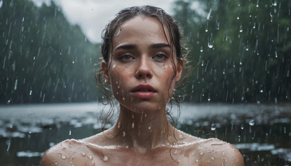 1girl, solo, looking at viewer, brown hair, black hair, collarbone, nude, outdoors, parted lips, water, blurry, lips, wet, blurry background, portrait, rain, realistic, wet hair