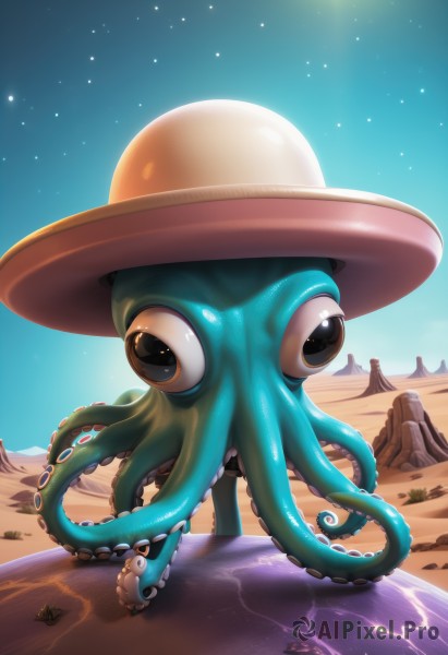 looking at viewer,hat,outdoors,sky,day,black eyes,blue sky,pokemon (creature),no humans,night,animal,beach,star (sky),tentacles,1other,starry sky,tentacle hair,rock,sand,crab,octopus,desert,solo,standing,full body,artist name,water,ocean,sun,creature,alien,suction cups