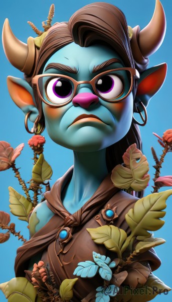 1girl,solo,long hair,looking at viewer,brown hair,jewelry,closed mouth,purple eyes,upper body,flower,earrings,horns,glasses,pointy ears,colored skin,frown,leaf,blue background,plant,hoop earrings,blue skin,green skin,simple background,1boy,animal ears,male focus,hood,cape,lips,v-shaped eyebrows,gradient,gradient background,parody,sunglasses,hood down,pink flower,serious,cow ears,cow horns