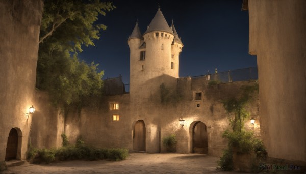 HQ,outdoors,sky,tree,no humans,window,night,plant,building,night sky,scenery,door,light,road,bush,house,lamppost,church,arch,lantern,fantasy,wall,bridge,castle,tower,path