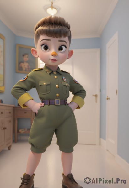 1girl,solo,looking at viewer,short hair,brown hair,long sleeves,1boy,brown eyes,closed mouth,standing,full body,male focus,boots,shoes,shorts,belt,indoors,uniform,military,military uniform,brown footwear,thick eyebrows,child,pocket,hands on hips,mirror,green jacket,door,bandaid on face,female child,lamp,breast pocket,male child,green shorts,bandaid on nose,green pants,open mouth,teeth,blurry,lips,upper teeth only,bandaid,realistic,hands in pockets