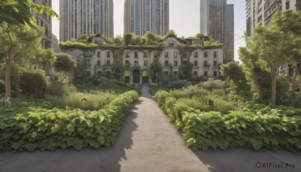 outdoors,sky,day,cloud,tree,no humans,shadow,grass,plant,building,scenery,city,road,bush,cityscape,ruins,lamppost,street,skyscraper,overgrown,path