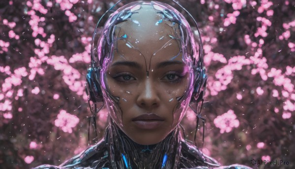 A stunning view of a android in cherry blossoms