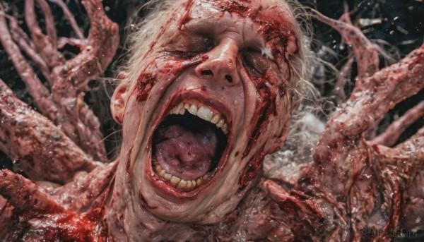 solo,looking at viewer,open mouth,1boy,male focus,teeth,tongue,lips,blood,portrait,veins,blood on face,realistic,horror (theme),guro,white hair,no humans,monster,screaming