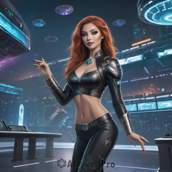 1girl,solo,long hair,breasts,looking at viewer,smile,blue eyes,large breasts,brown hair,long sleeves,navel,cleavage,jewelry,medium breasts,standing,red hair,cowboy shot,earrings,midriff,belt,pants,hand up,necklace,orange hair,armor,lips,crop top,makeup,night,black pants,ring,lipstick,science fiction,red lips,holographic interface,nail polish,fingernails,grey eyes,black nails,freckles,realistic,leather