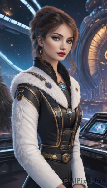 1girl,solo,long hair,breasts,looking at viewer,short hair,blue eyes,brown hair,long sleeves,dress,jewelry,earrings,sky,belt,necklace,hair bun,vest,lips,coat,fur trim,makeup,night,lipstick,brooch,ground vehicle,gem,star (sky),motor vehicle,pendant,science fiction,realistic,nose,red lips,car,bangs,standing,upper body,parted lips,artist name,signature,black dress,grey eyes,eyelashes,buttons,corset,eyeshadow,screen