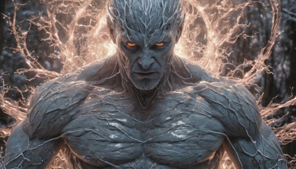 solo,looking at viewer,1boy,closed mouth,yellow eyes,upper body,male focus,blurry,orange eyes,muscular,blurry background,glowing,colored skin,muscular male,glowing eyes,colored sclera,veins,realistic,blue skin,electricity,grey skin,no pupils,alien,nipples,collarbone,outdoors,tree,facial hair,pectorals,green skin