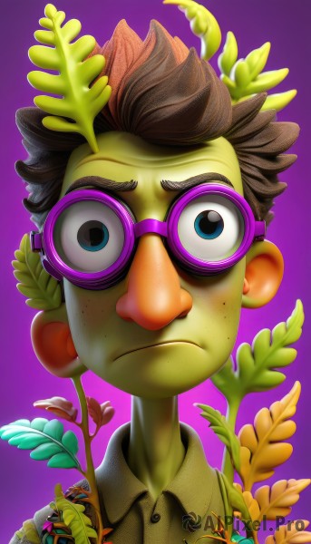 solo,looking at viewer,short hair,blue eyes,simple background,brown hair,shirt,1boy,closed mouth,upper body,flower,male focus,glasses,collared shirt,gradient,gradient background,colored skin,frown,leaf,plant,goggles,portrait,freckles,purple background,green skin,yellow skin,artist name,signature,watermark,outline,green shirt