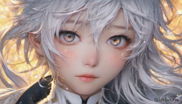 1girl,solo,long hair,looking at viewer,blush,bangs,hair between eyes,brown eyes,closed mouth,yellow eyes,white hair,blurry,lips,grey eyes,eyelashes,floating hair,heterochromia,expressionless,messy hair,portrait,light particles,close-up,freckles,realistic,nose,eye focus,wind,pink lips