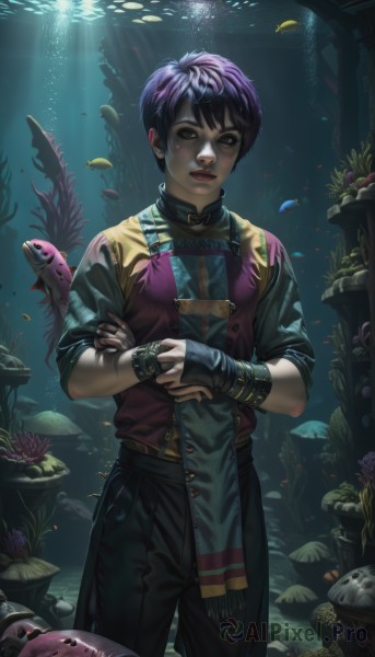 1girl,solo,looking at viewer,short hair,bangs,shirt,gloves,1boy,brown eyes,jewelry,standing,purple hair,male focus,cowboy shot,earrings,parted lips,teeth,belt,pants,artist name,fingerless gloves,water,nail polish,black eyes,vest,bracelet,lips,animal,black pants,sunlight,plant,web address,single glove,fish,bubble,light rays,underwater,realistic,nose,air bubble,coral,aquarium,seaweed,freckles