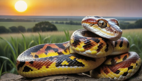 HQ,outdoors,sky,artist name,signature,blurry,black eyes,no humans,blurry background,animal,watermark,grass,scenery,sunset,snake,sun,scales,animal focus,orange sky,oversized animal,closed mouth,lying,water,web address