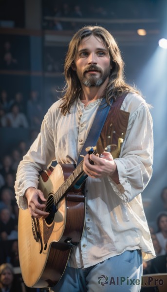 long hair,looking at viewer,blue eyes,blonde hair,brown hair,shirt,long sleeves,1boy,holding,standing,white shirt,male focus,cowboy shot,parted lips,multiple boys,solo focus,pants,indoors,blurry,buttons,blurry background,facial hair,denim,instrument,beard,jeans,realistic,mustache,music,blue pants,guitar,playing instrument,holding instrument,electric guitar,crowd,stage,stage lights,solo,vest,singing,concert,acoustic guitar