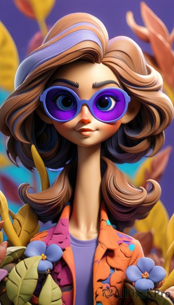 1girl,solo,long hair,looking at viewer,smile,blue eyes,brown hair,gloves,closed mouth,upper body,flower,outdoors,glasses,elbow gloves,artist name,nail polish,blurry,lips,fingernails,eyelashes,makeup,depth of field,blurry background,leaf,sunglasses,thick eyebrows,plant,blue flower,purple gloves,tinted eyewear,blue-tinted eyewear,blonde hair,shirt,hat,multicolored hair