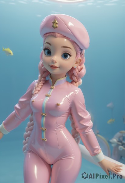 1girl,solo,long hair,breasts,looking at viewer,smile,blue eyes,long sleeves,hat,jewelry,very long hair,closed mouth,pink hair,braid,cowboy shot,earrings,small breasts,shiny,water,star (symbol),twin braids,lips,bodysuit,makeup,beret,lipstick,skin tight,forehead,fish,shiny clothes,underwater,nose,red lips,stud earrings,pink headwear,latex,pink bodysuit,latex bodysuit,aquarium,alternate costume,official alternate costume,alternate hairstyle,aged down,pink jacket