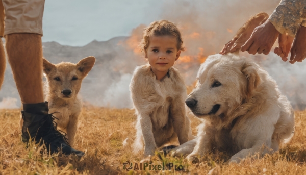 looking at viewer,smile,short hair,blue eyes,blonde hair,brown hair,long sleeves,1boy,sitting,standing,male focus,boots,outdoors,multiple boys,sky,shoes,solo focus,day,cloud,2boys,black footwear,animal,grass,child,dog,realistic,male child,field,1girl,aged down,dirty,father and son