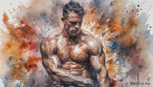 solo,black hair,1boy,closed mouth,closed eyes,upper body,male focus,signature,blood,muscular,traditional media,abs,pectorals,topless male,realistic,manly,short hair,nipples,facial hair,scar,muscular male,mustache,painting (medium),watercolor (medium),faux traditional media