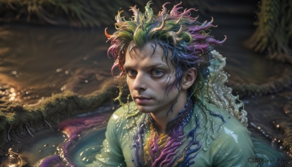 solo,short hair,blue eyes,1boy,closed mouth,upper body,pink hair,purple hair,male focus,multicolored hair,green hair,water,blurry,black eyes,two-tone hair,lips,blurry background,messy hair,partially submerged,realistic,blue hair,artist name,looking up,seaweed