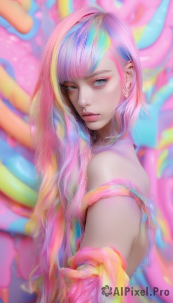 1girl,solo,long hair,looking at viewer,bangs,blue eyes,bare shoulders,jewelry,closed mouth,blue hair,upper body,pink hair,multicolored hair,earrings,blunt bangs,blurry,from side,lips,grey eyes,makeup,eyeshadow,realistic,nose,colorful,rainbow hair,blonde hair,outstretched arm,reaching towards viewer