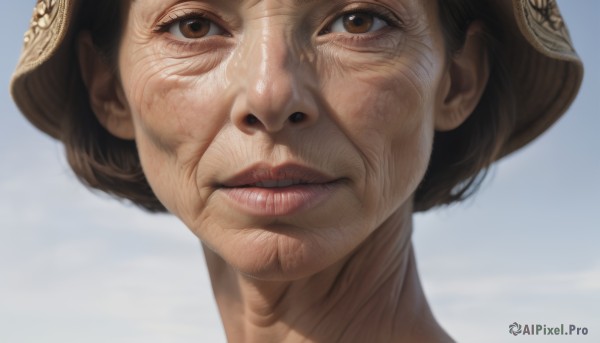 1girl,solo,looking at viewer,short hair,simple background,brown hair,hat,brown eyes,parted lips,teeth,lips,portrait,close-up,realistic,nose,old,old woman,wrinkled skin,black hair,white background,closed mouth,sky,eyelashes