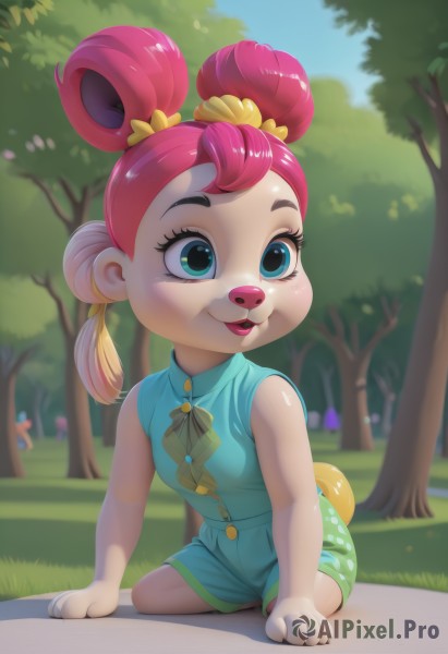 1girl,solo,smile,short hair,blue eyes,shirt,hair ornament,ribbon,animal ears,bare shoulders,closed mouth,green eyes,tail,pink hair,multicolored hair,outdoors,shorts,sleeveless,day,shiny,artist name,hair bun,blurry,aqua eyes,tree,sleeveless shirt,blurry background,grass,blue shirt,child,furry,yellow ribbon,furry female,female child,green shorts,open mouth,twintails,sitting