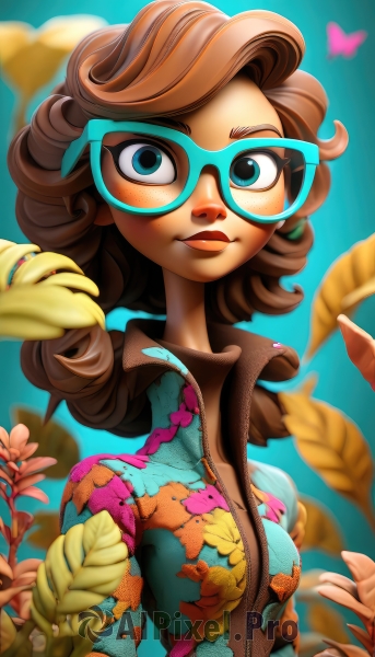 1girl,solo,long hair,breasts,looking at viewer,smile,blue eyes,brown hair,closed mouth,upper body,flower,small breasts,outdoors,glasses,day,artist name,medium hair,blurry,lips,eyelashes,bodysuit,makeup,depth of field,bird,leaf,watermark,blue background,floral print,bug,plant,lipstick,butterfly,multicolored clothes,zipper,freckles,curly hair,nose,popped collar,blue-framed eyewear,green-framed eyewear,medium breasts,jacket,web address,unzipped