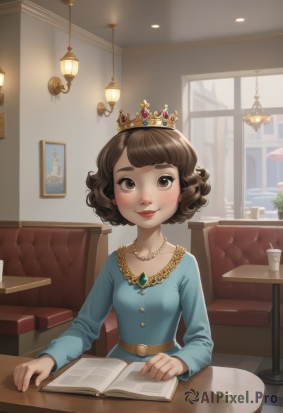 1girl,solo,breasts,looking at viewer,blush,smile,short hair,bangs,brown hair,shirt,long sleeves,dress,brown eyes,jewelry,sitting,closed mouth,collarbone,small breasts,belt,indoors,necklace,cup,lips,book,window,blue dress,chair,table,tiara,crown,blue shirt,plant,gem,child,drinking glass,freckles,curly hair,open book,potted plant,lamp,pearl necklace,restaurant,ceiling light,menu,pov across table,upper body,eyelashes,makeup,couch,red lips