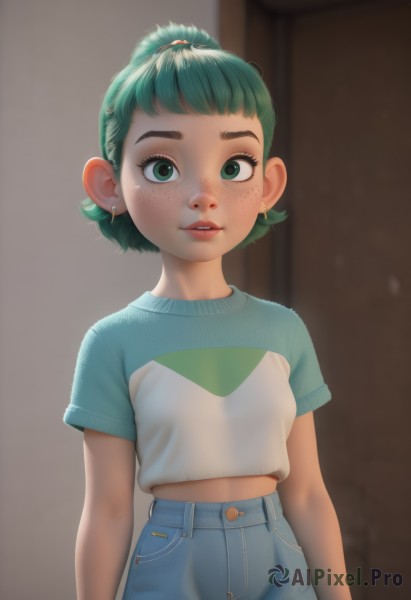 1girl,solo,looking at viewer,short hair,bangs,shirt,jewelry,green eyes,standing,white shirt,upper body,ponytail,short sleeves,cowboy shot,earrings,parted lips,green hair,midriff,pants,artist name,indoors,blurry,flat chest,lips,blurry background,thick eyebrows,blue shirt,denim,child,freckles,jeans,arms at sides,blue pants,female child,midriff peek,raglan sleeves,topknot,teeth,realistic