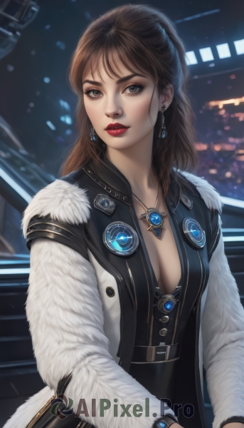 1girl,solo,long hair,breasts,looking at viewer,bangs,brown hair,long sleeves,dress,cleavage,brown eyes,jewelry,medium breasts,upper body,earrings,parted lips,open clothes,belt,necklace,blurry,black dress,lips,coat,fur trim,makeup,blurry background,lipstick,pendant,open coat,realistic,nose,red lips,fur-trimmed coat,jacket,artist name,bag,grey eyes,gem,eyeshadow,watch,wristwatch