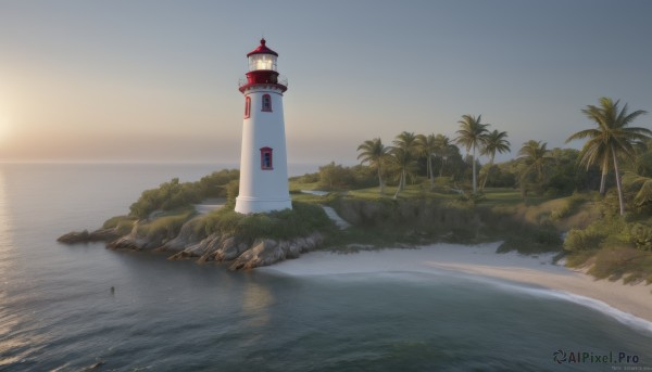 outdoors,sky,day,artist name,cloud,water,tree,no humans,ocean,watermark,beach,grass,building,nature,scenery,rock,sand,palm tree,horizon,clock,river,tower,shore,lighthouse,blue sky,forest,reflection,sunset,sun,road,bush,lamppost,evening,gradient sky