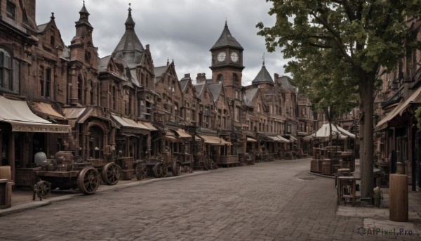 outdoors,sky,day,cloud,tree,no humans,window,cloudy sky,ground vehicle,building,scenery,city,clock,road,bench,architecture,house,lamppost,street,tower,path,town,barrel,pavement,clock tower,chimney,cart,chair,stairs,fantasy,door,flag,statue,banner,church,gate,wheel,crate