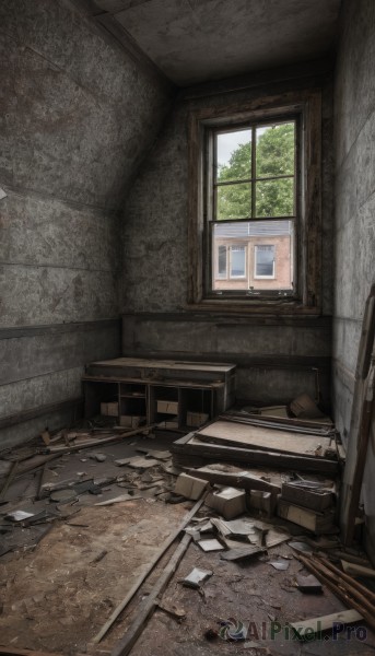 day,indoors,tree,no humans,window,chair,table,building,box,scenery,desk,glass,wall,ruins,broken,crack,debris,broken glass,rubble,broken window