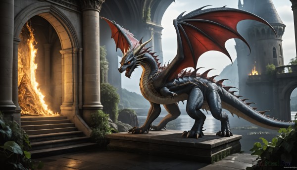 HQ,open mouth,red eyes,standing,tail,yellow eyes,outdoors,wings,horns,sky,teeth,day,artist name,cloud,signature,water,no humans,fangs,fire,plant,sharp teeth,scenery,claws,monster,stairs,fantasy,dragon,scales,ruins,pillar,flame,dragon wings,arch,column,breathing fire,solo,cloudy sky,rock