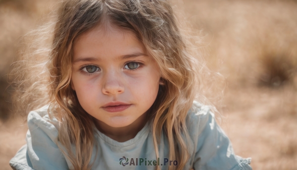 1girl,solo,long hair,looking at viewer,blonde hair,brown hair,dress,closed mouth,upper body,blurry,lips,grey eyes,eyelashes,depth of field,blurry background,wavy hair,portrait,realistic,nose,blue eyes,expressionless