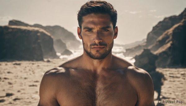 solo,looking at viewer,short hair,brown hair,black hair,1boy,closed mouth,upper body,male focus,nude,outdoors,dark skin,blurry,muscular,blurry background,facial hair,dark-skinned male,thick eyebrows,pectorals,muscular male,bara,beard,large pectorals,topless male,rock,mature male,realistic,mustache,sand,stubble,manly,undercut,chest hair,photo background,arm hair,hairy,smile,beach,portrait