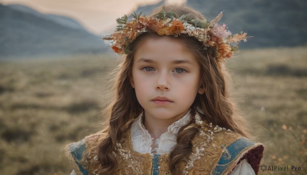 1girl,solo,long hair,looking at viewer,blue eyes,brown hair,hair ornament,closed mouth,upper body,flower,outdoors,day,hair flower,blurry,lips,grey eyes,depth of field,blurry background,expressionless,portrait,curly hair,mountain,realistic,nose,head wreath,field,sky,forehead