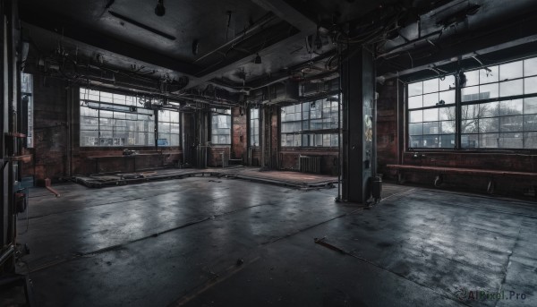 day,indoors,tree,no humans,window,sunlight,scenery,door,hallway,ceiling light,solo,chair,rain,tiles,tile floor,ruins,ceiling,industrial pipe