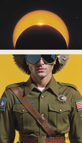 1girl,solo,short hair,brown hair,black hair,1boy,upper body,male focus,sky,belt,star (symbol),uniform,lips,military,military uniform,goggles,star (sky),buckle,belt buckle,realistic,sun,american flag,medal,world war ii,japanese flag,united states,imperial japanese army,flag background,smile,facial hair,sunglasses,pocket,mustache,badge